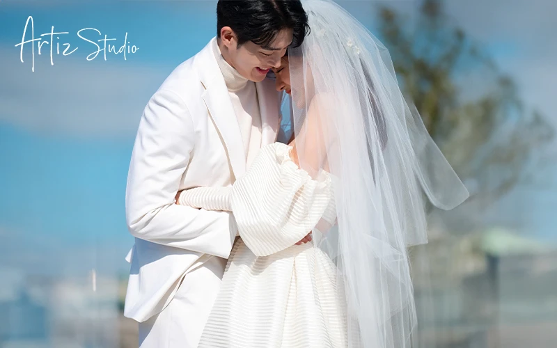 Bride and groom hugging