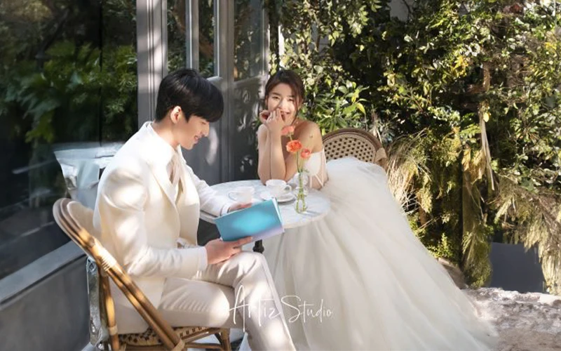 Bride and groom sitting